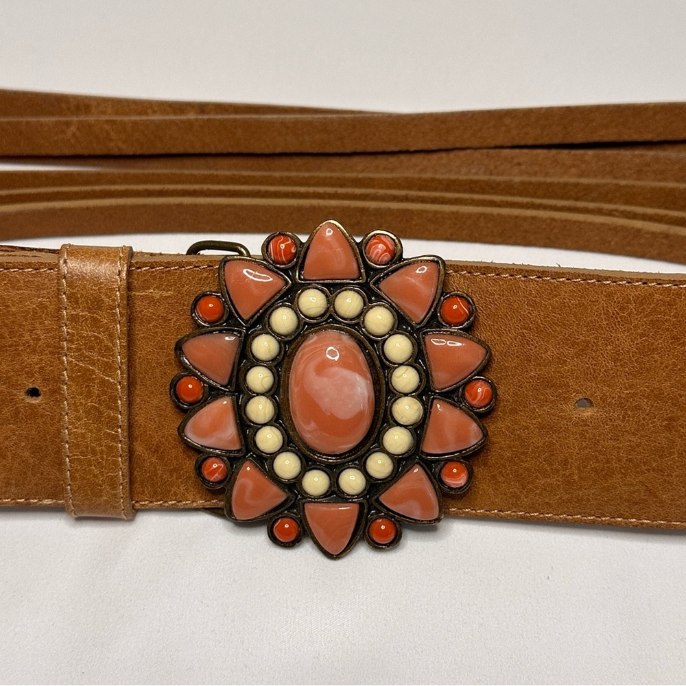 Country Chic Boho Leather and Stone Belt Coral and Cream Embellishments